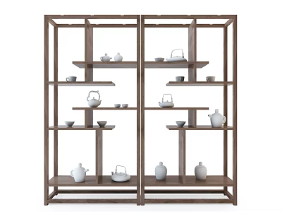 Traditional Dark Wood Chinese Display Shelf With Multiple Layers And White Tea Sets 3d model