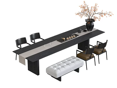 Modern Minimalist Tea Table And Chairs With White Tufted Bench Vase Flower Branches 3d model