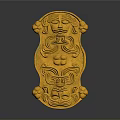 Golden Carved Decorative Plaque Featuring Intricate Ornate Facial And Floral Designs With Reflective Surface