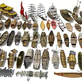 Collection of Various Traditional Wooden Boats with Sailing Masts and Classic Designs