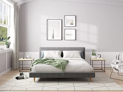 Modern Bedroom With Grey Headboard White Bedding Green Blanket Wall Paintings And Bedside Tables 3d model