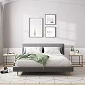 Modern Bedroom With Grey Headboard White Bedding Green Blanket Wall Paintings And Bedside Tables