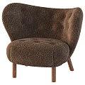 Beige Plush Single Sofa with Tufted Design Curved Armrests and Matching Ottoman Wooden Legs