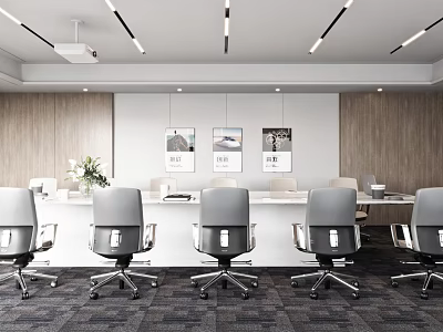 Modern Conference Room Interior Design With Gray Office Chairs Wall Art And Ceiling Lights 3d model