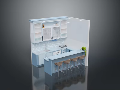 Light Blue Modern Kitchen Interior With Island Counter Bar Stools And White Tile Backsplash 3d model