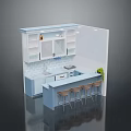 Light Blue Modern Kitchen Interior With Island Counter Bar Stools And White Tile Backsplash