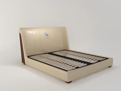 Modern Beige Leather Bed Frame With Blue Emblem On Headboard And Black Slatted Base 3d model