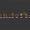 Detailed Character And Creature Miniature Figures With Various Weapons On Black Background And White Bases