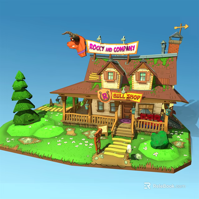Cartoon Doll Shop Cottage With Mossy Roof Green Lawn Steps And Goat Figure 3d model 