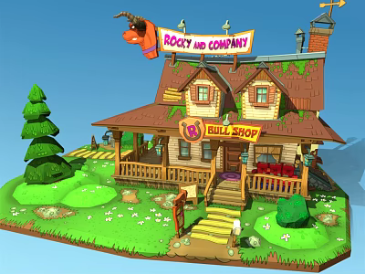 Cartoon Doll Shop Cottage With Mossy Roof Green Lawn Steps And Goat Figure 3d model