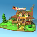 Cartoon Doll Shop Cottage With Mossy Roof Green Lawn Steps And Goat Figure