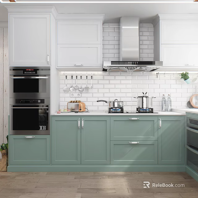 Modern Kitchen Interior With Light Green Cabinets White Brick Backsplash And Stainless Steel Appliances 3d model 