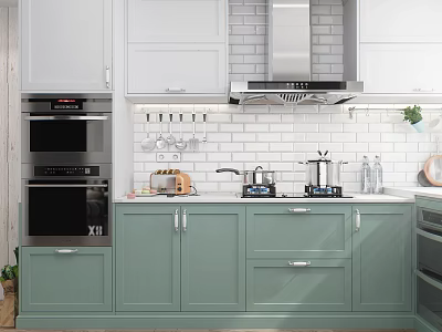 Modern Kitchen Interior With Light Green Cabinets White Brick Backsplash And Stainless Steel Appliances 3d model