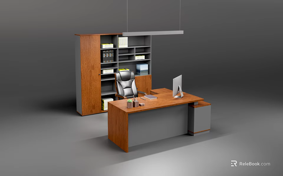 Modern Wooden Office Desk With Bookshelf Chair Computer And Workspace Accessories 3d model 