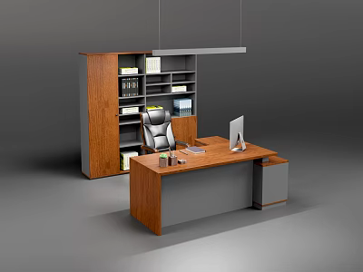 Modern Wooden Office Desk With Bookshelf Chair Computer And Workspace Accessories 3d model
