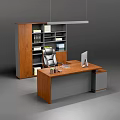 Modern Wooden Office Desk With Bookshelf Chair Computer And Workspace Accessories
