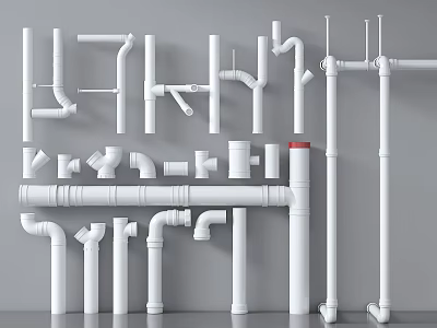 White Pipes and Fittings Various Types Elbows Tees Straight Tubes Arranged Neatly Against Gray Background 3d model