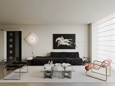 Modern Living Room Interior With Black Sofa Glass Coffee Table Red Chair And Horse Painting 3d model