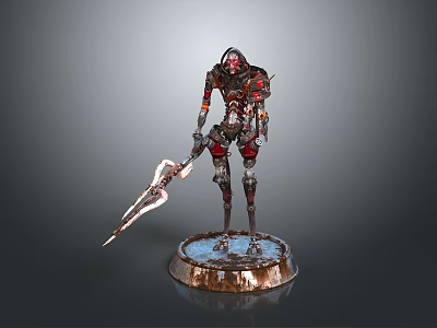 Game and Movie Character Mechanical Robot With Red Metallic Design Holding Spear Standing on Base 3d model