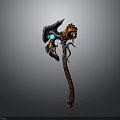 Mythical Battle Axe With Ornate Design Blue Glowing Gem Golden Accents And Brown Wooden Handle