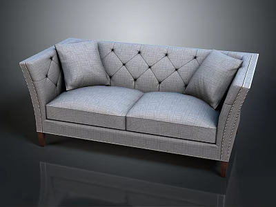 Modern Gray Tufted Sofa With Two Decorative Pillows And Wooden Legs 3d model