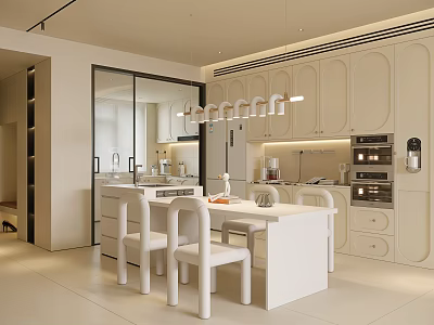 Modern Restaurant Interior Design With White Dining Table Chairs Cabinets And Lighting 3d model