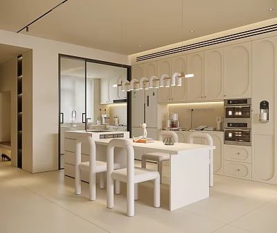 Modern Restaurant Interior Design With White Dining Table Chairs Cabinets And Lighting 3d model