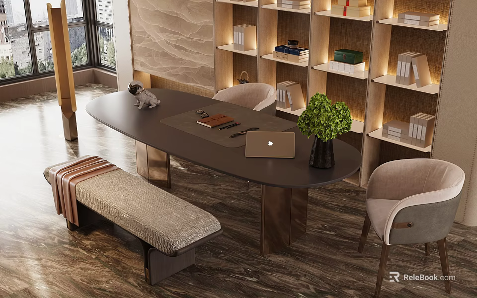 Modern Study Room Interior With Desk Laptop Green Plant Bookshelves Chairs Bench And Window View 3d model 