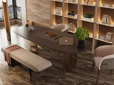 Modern Study Room Interior With Desk Laptop Green Plant Bookshelves Chairs Bench And Window View 3d model