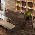 Modern Study Room Interior With Desk Laptop Green Plant Bookshelves Chairs Bench And Window View