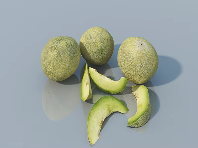 Fresh Ripe Cantaloupe Fruits Featuring Whole And Sliced Pieces On Gray Surface 3d model