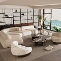 Modern Living Room With White Sofa Marble Coffee Table Armchair Bookshelf And Window View