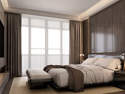 Modern Bedroom Interior With Wooden Walls Bed Bench Curtain Windows And Cozy Pillows 3d model