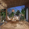 Charming Commercial Street With Outdoor Seating Decorative Lights And Green Plants At Night