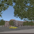 Contemporary School Building Campus Design With Green Spaces Sports Field And Trees