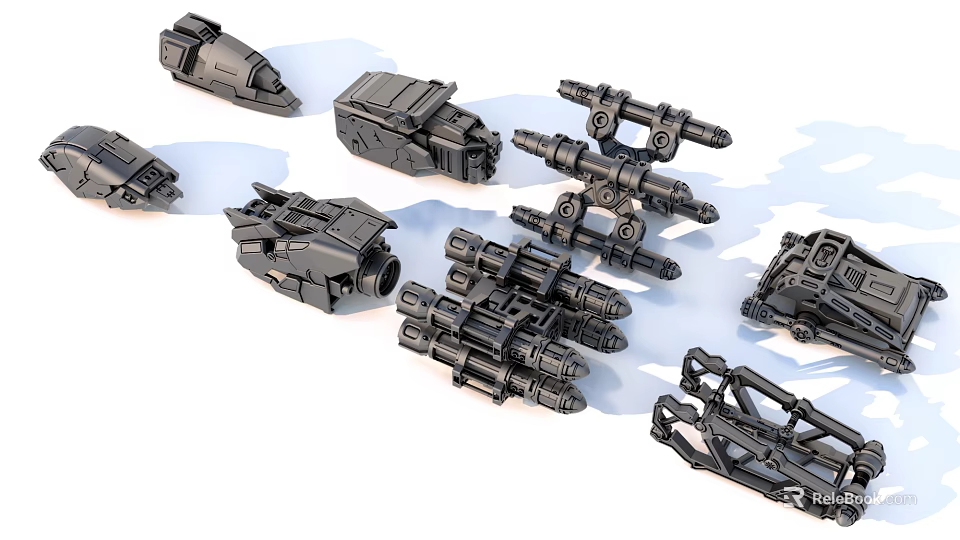 Assorted Black Mechanical Parts And Detailed Model Components On White Background 3d model 