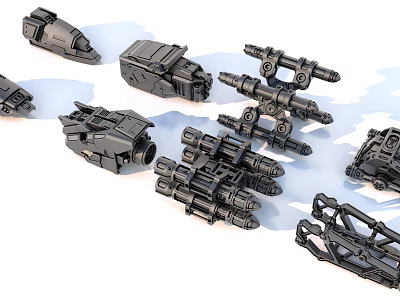 Assorted Black Mechanical Parts And Detailed Model Components On White Background 3d model