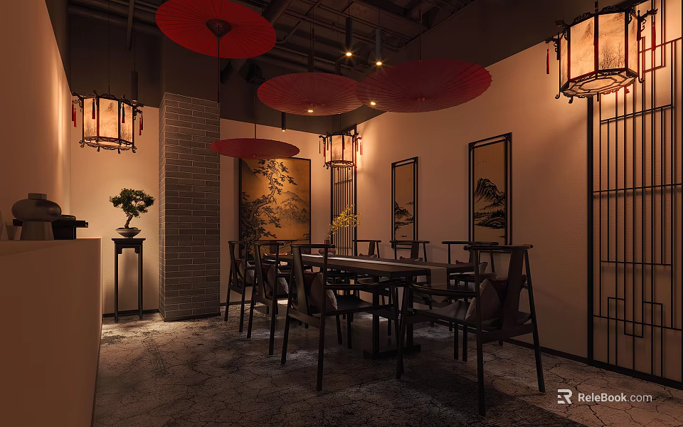 Traditional Chinese Restaurant Interior Design With Red Umbrella Lanterns Wooden Tables And Paintings 3d model 