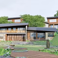 Scenic Guesthouse Building With Lake Reflection Wooden Structure And Surrounding Green Trees