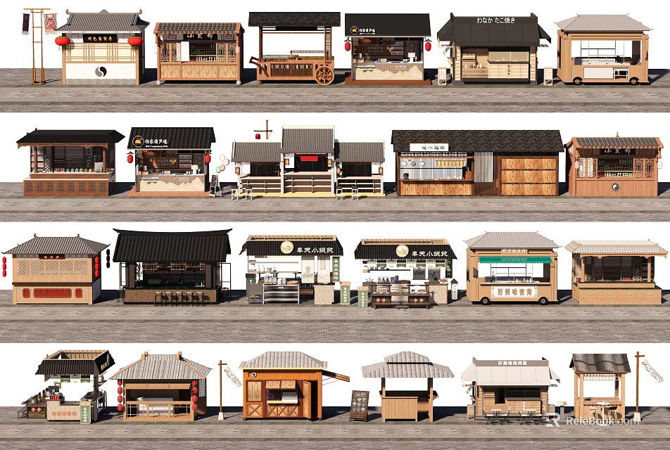 Various Traditional And Modern Commercial Equipment Shop Designs With Different Roofs And Facades 3d model 