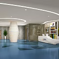 Indoor Sports Gymnasium With Blue Court White Lines Metal Ceiling And Sports Figures On Wall