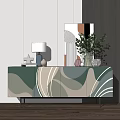 Modern Entryway Console Table With Green Beige Abstract Pattern And Decorative Items 3d model