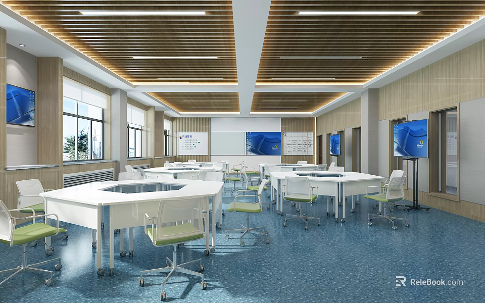 Modern School Classroom With White Tables Green Chairs Whiteboard TV Screens And Wooden Ceiling 3d model 