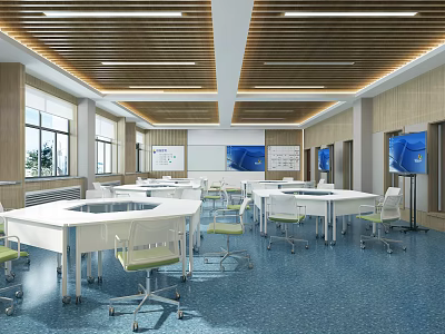 Modern School Classroom With White Tables Green Chairs Whiteboard TV Screens And Wooden Ceiling 3d model