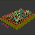 Fresh Peas Growing in Small Garden Bed With Orange Fence And Green Plants