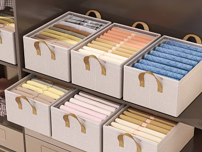 Gray Fabric Organizer Boxes With Gold Handles For Colorful Towel Storage 3d model