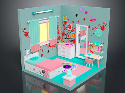 Cartoon Bedroom with Light Blue Walls Pink Bed Red Plum Blossom Decor Dresser and Curtains 3d model