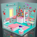 Cartoon Bedroom with Light Blue Walls Pink Bed Red Plum Blossom Decor Dresser and Curtains