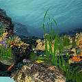 Underwater Marine Landscape With Sunlight Rays Colorful Corals Tall Seagrass And Scattered Rocks