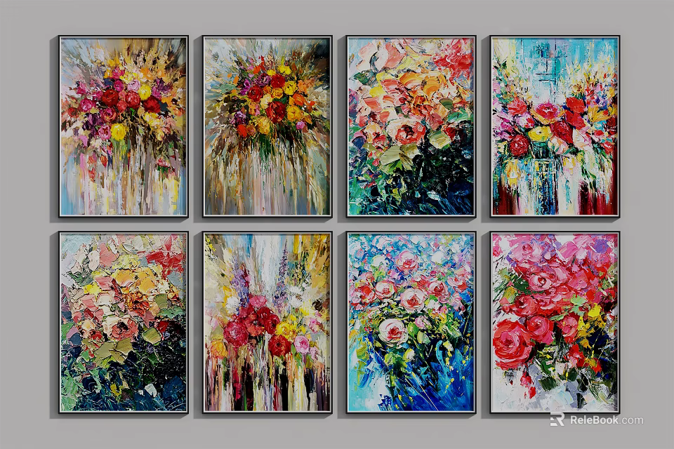 Vibrant Abstract Botanical Paintings Featuring Floral Designs Set Of Eight 3d model 
